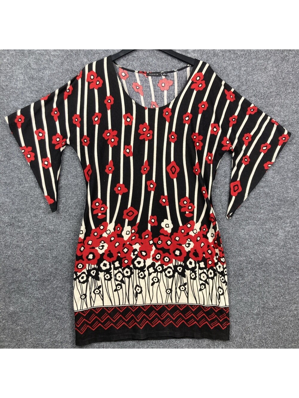 Sioni Womens Size Large Black Ivory Red Floral Pattern 3/4 Sleeve Mid Dress